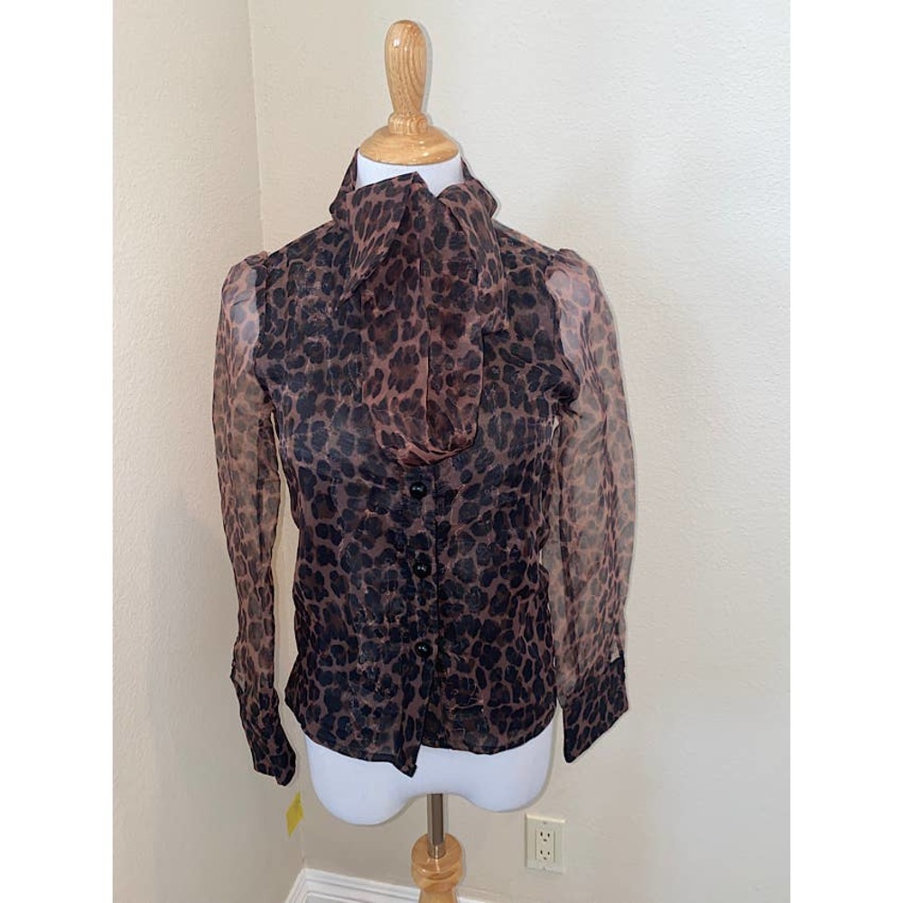 Avantlook Leopard Print Organza Neck Tie Bow Sheer Blouse Size XS